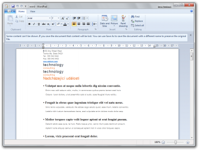 Windows 7 WordPad with DOCX file opened Windows 7 WordPad with DOCX file opened