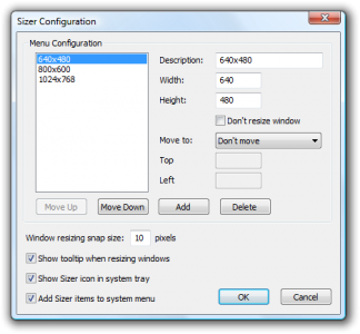 Sizer’s setting window Sizer’s setting window