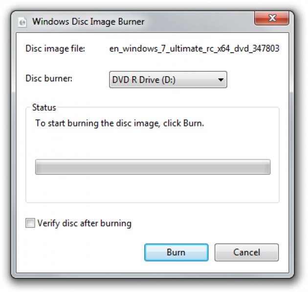 Burn the ISO image in Windows 7