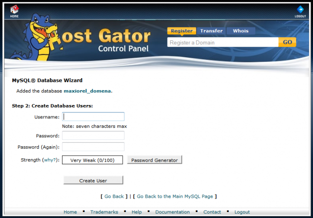 Setting up a database in the HostGator administration