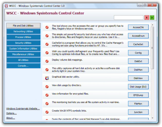 Windows Sysinternals Control Center main window